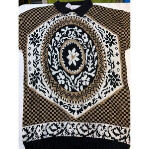 Gladys Bagley VTG 80s All Over Print Metallic Knit Top Black Gold Grandmacore